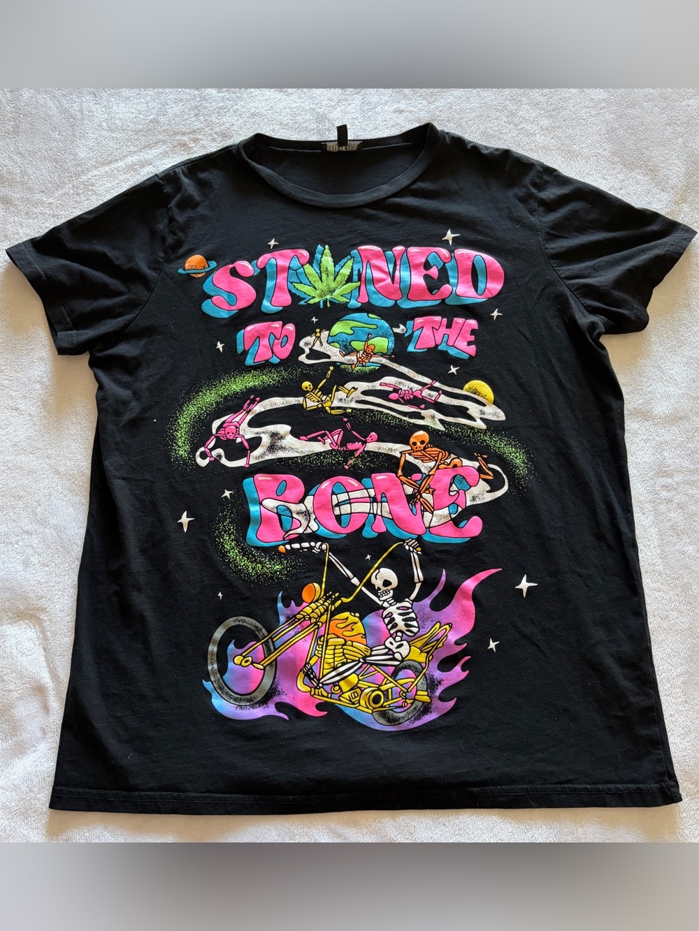 Dolls Kill Black "Stoned to the Bone" Graphic Tee with Neon Pink, Green & Purple